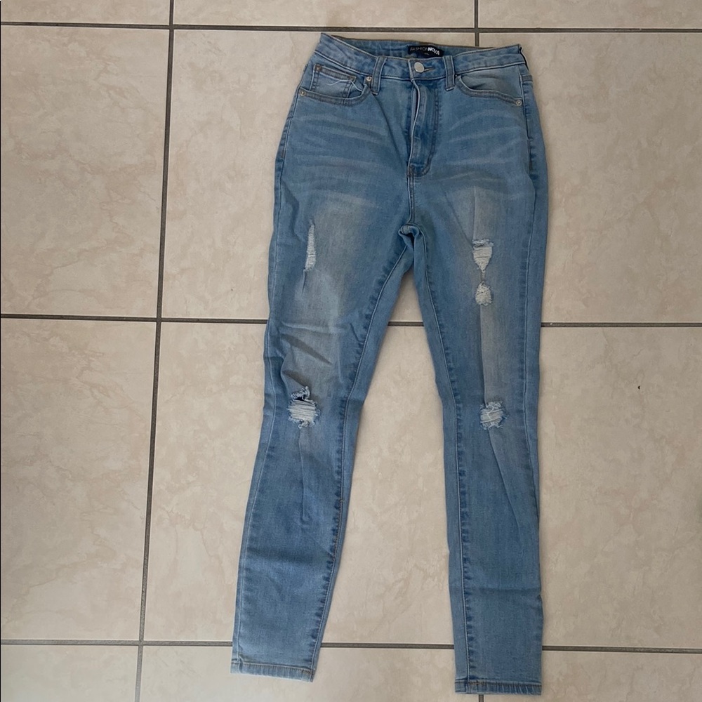 Fashion Nova Blue Skinny Jeans with Distressed Detailing